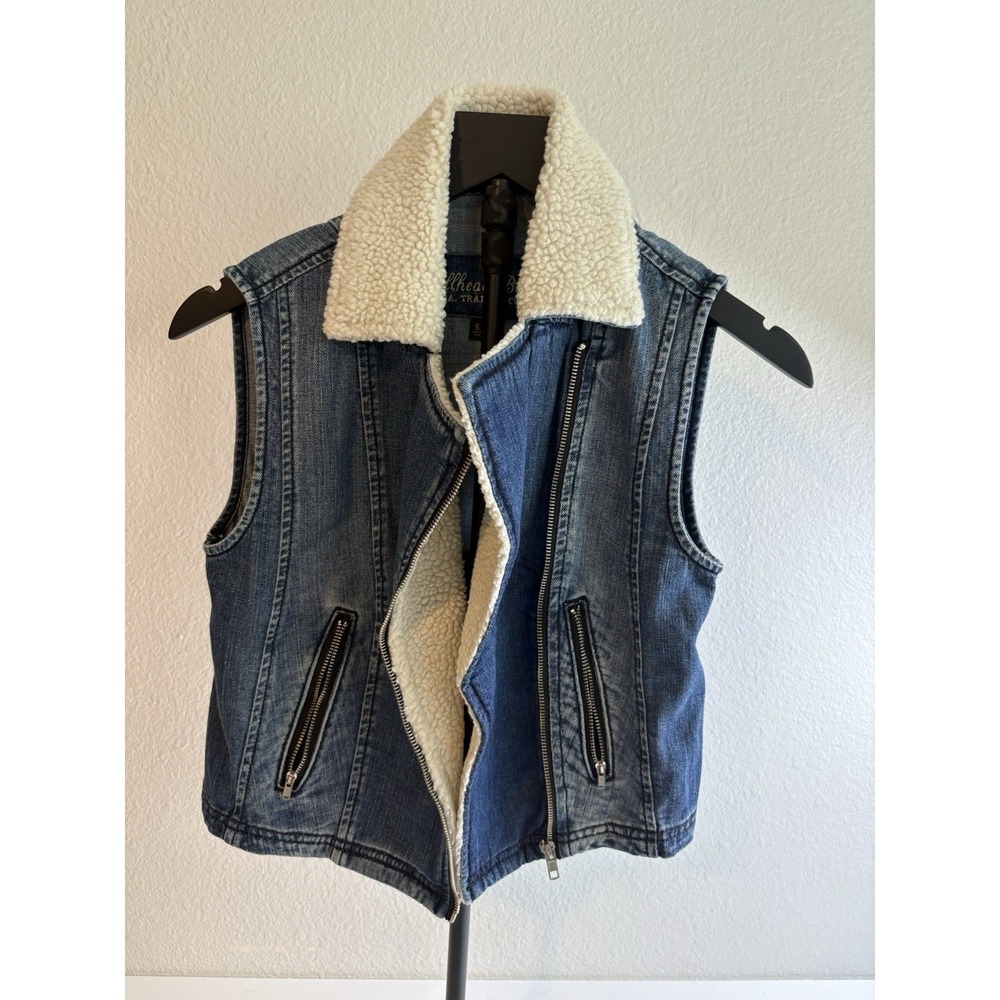 Buffhead Black Sherpa Lined Denim Moto Vest Women's Small Blue Asymmetrical Zip